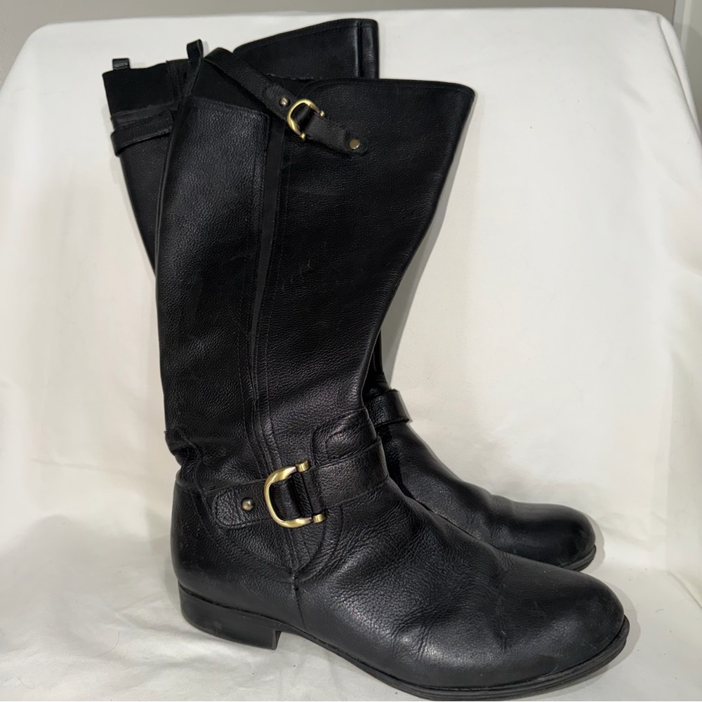 Naturalizer Black Leather Knee-High Buckle Boots - size 9 wide calf